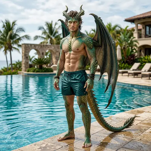 Male Dragon Demi-Human Swimwear Pose by Pool - 4K Image
