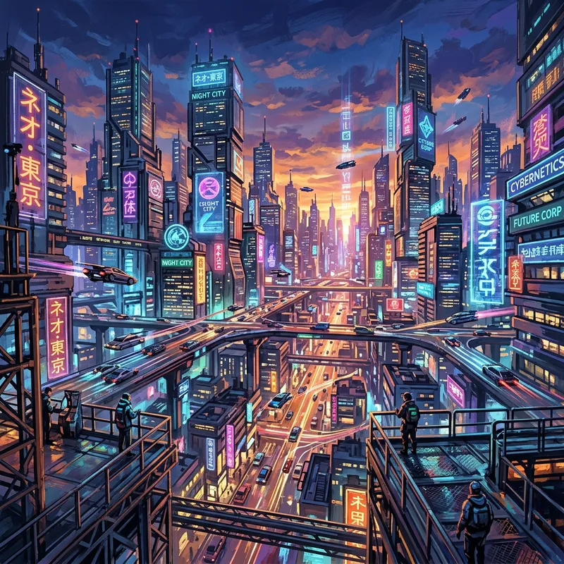Futuristic Cyberpunk Cityscape at Dusk