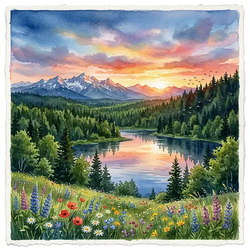 Breathtaking Nature Scene - Green Forest, Serene Lake, Vibrant Sunset