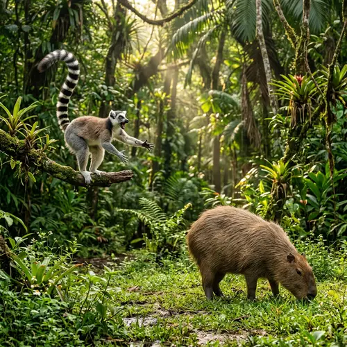 Lemur Invites Capybara for Fun in Jungle