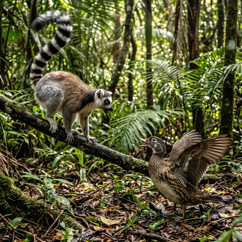Lemur vs Duck: A Fierce Forest Face-Off