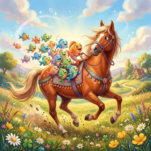 Colorful Fish Riding Horse in Joyful, Whimsical Scene