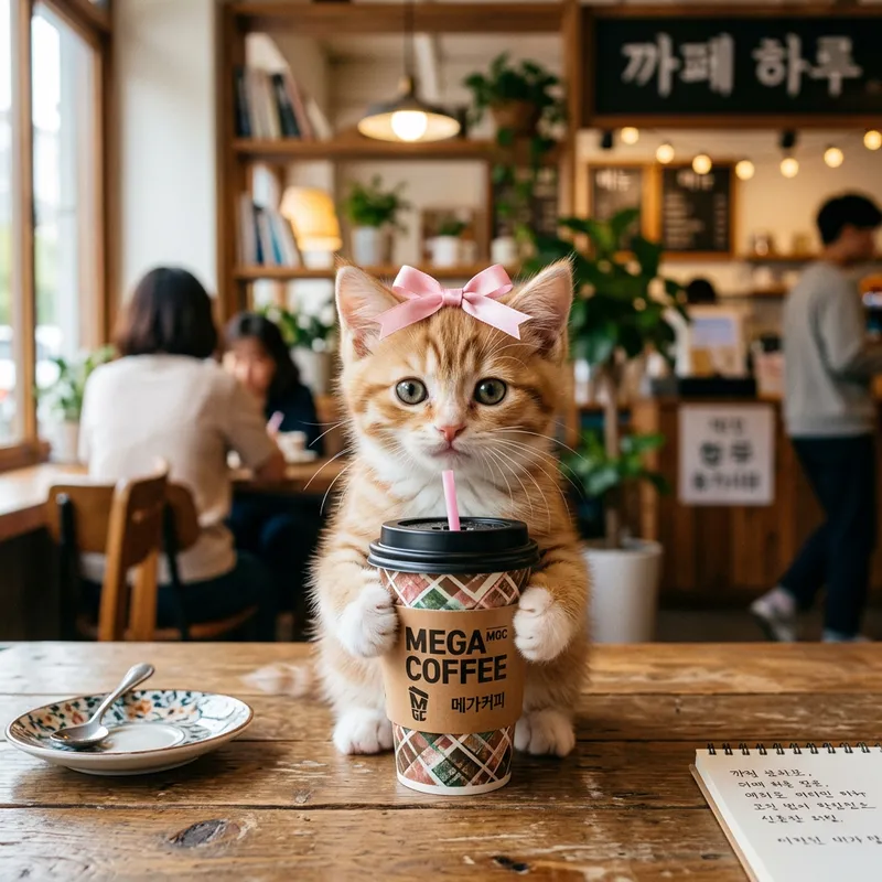Cute Kitten with Pink Bow and Korean Coffee