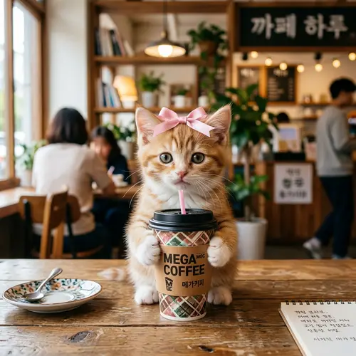 Cute Kitten with Pink Bow and Korean Coffee
