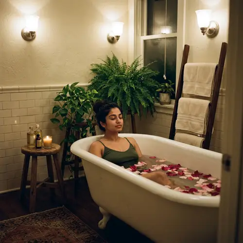 Tranquil South Asian Woman Bathing in Antique Tub with Rose Petals