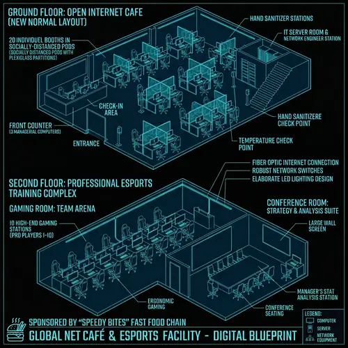 Internet Cafe Floor Plan: 20 Computer Units & eSports Gaming Setup