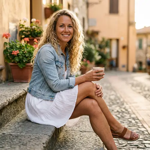 Stunning Blonde Woman with Curly Hair & Blue Eyes