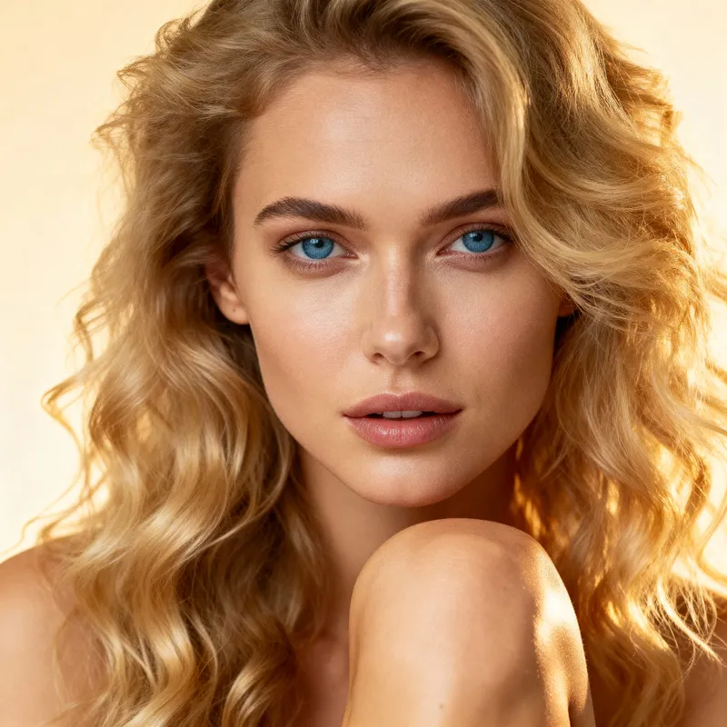 Stunning Blonde Woman with Curly Hair & Blue Eyes
