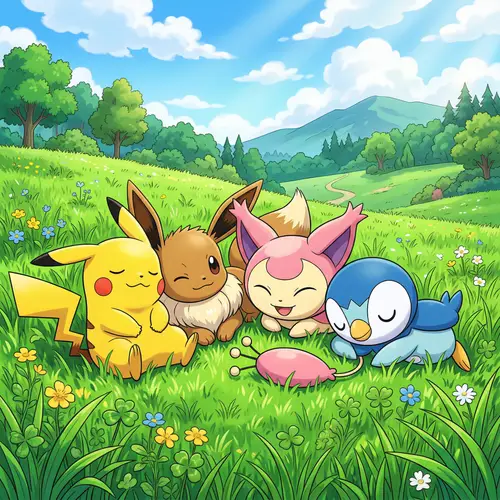 Pikachu, Evoli, Skitty & Piplup on Lush Green Grass