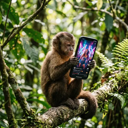 Inquisitive Monkey Watching Vibrant Social Media Video