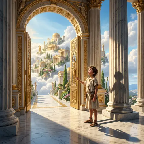 Young Boy Reaching Olympus in Grecian Mythology