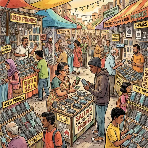 Bustling Second-Hand Mobile Phone Marketplace | Diverse Smartphone Trade