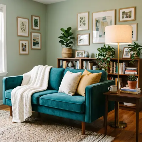 Teal Couch Zoom Background with Cozy Setting