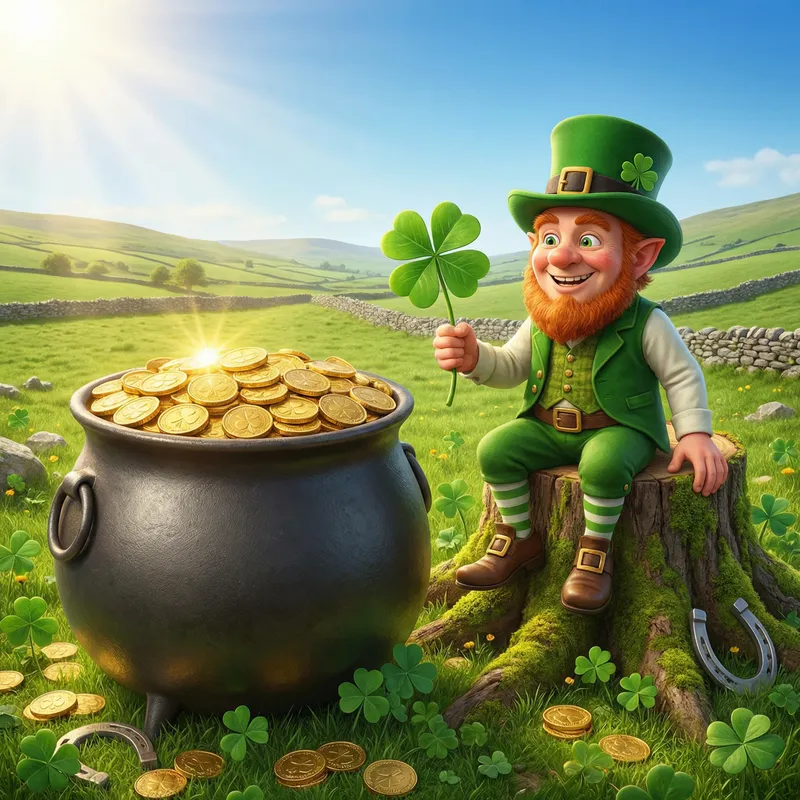 Pot of Gold, Leprechaun & Four Leaf Clover - A Scene of Good Luck Pot of Gold, Leprechaun & Four Leaf Clover - A Scene of Good Luck