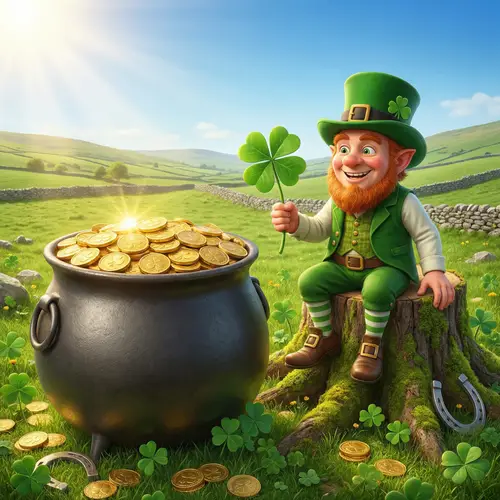 Pot of Gold, Leprechaun & Four Leaf Clover - Symbols of Good Luck