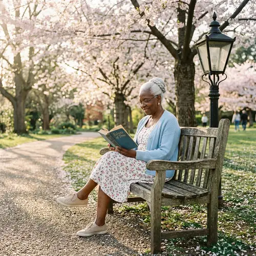 Elderly Woman Sits Comfortably on Rustic Bench