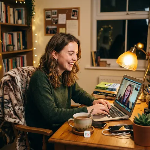 Mia's Joyful Online Chats: A Cozy Room Experience