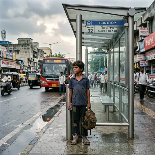 Innocence and Resilience: South Asian Boy at Urban Bus Stop