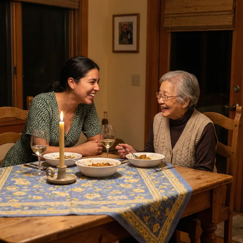 Young Hispanic Woman Dining with Elderly Asian Woman in Green Dress Young Hispanic Woman Dining with Elderly Asian Woman in Green Dress