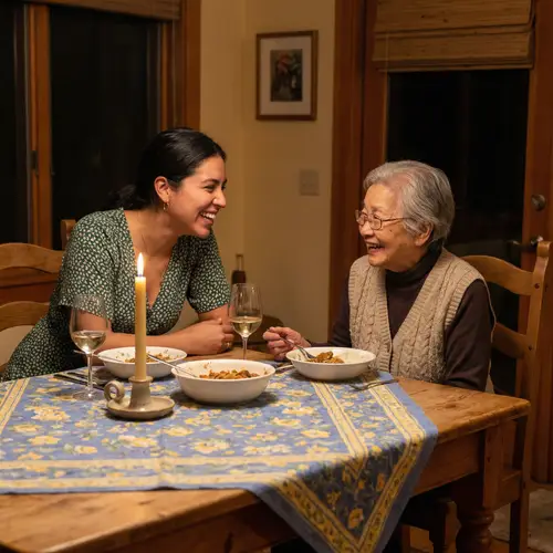 Young Hispanic Woman in Green Dress Dining with Elderly Asian Woman