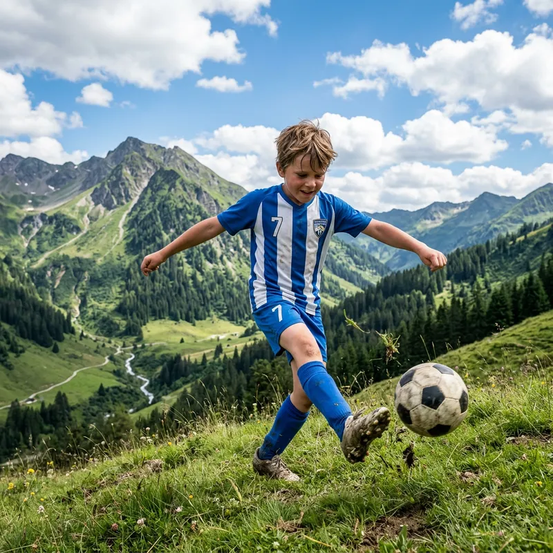 Young Boy Playing Football in Serene Mountain Setting