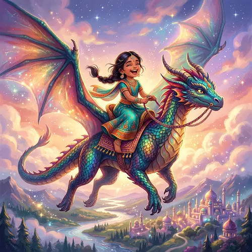 Whimsical Girl Riding Majestic Dragon | Childhood Joy Captured