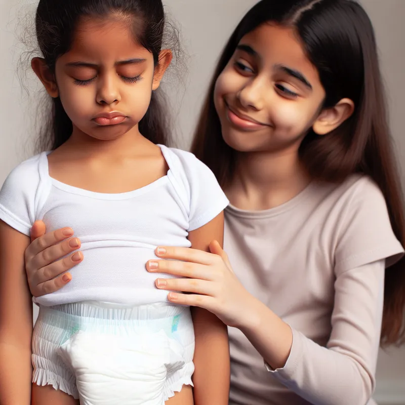 Cute Sisterly Moment: Ten-Year-Old Latino Girl in Diaper & Smirking Sister Cute Sisterly Moment: Ten-Year-Old Latino Girl in Diaper & Smirking Sister
