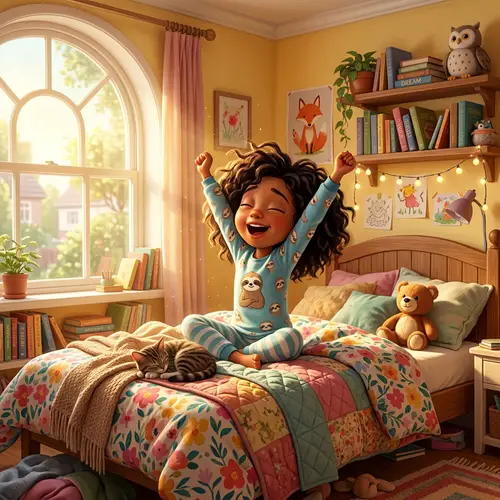 Pixar Style Girl Waking Up in Cozy Bedroom