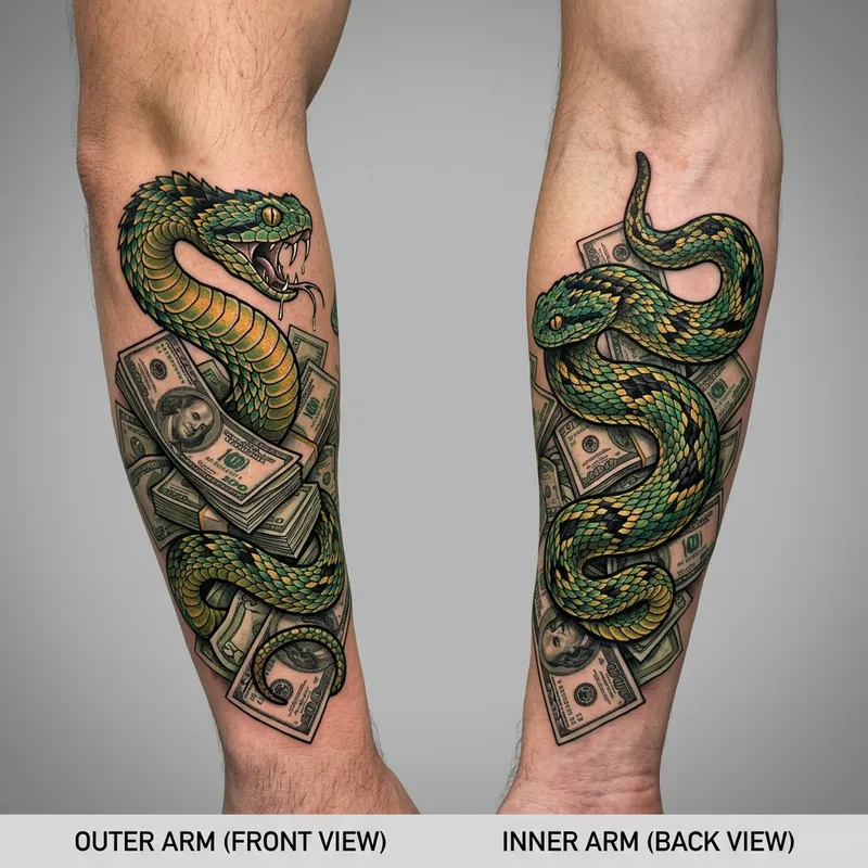 Unique Bush Viper Arm Tattoo Design: Money Motif