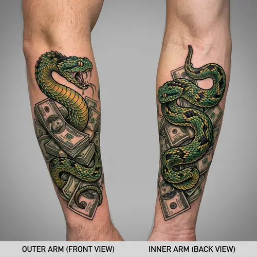 Bush Viper Snake Tattoo Design: Money Pile Theme