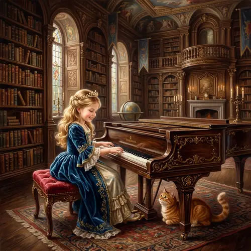 Seven-Year-Old Princess Playing Grand Piano with Orange Cat in Baroque-Inspired Fantasy Library