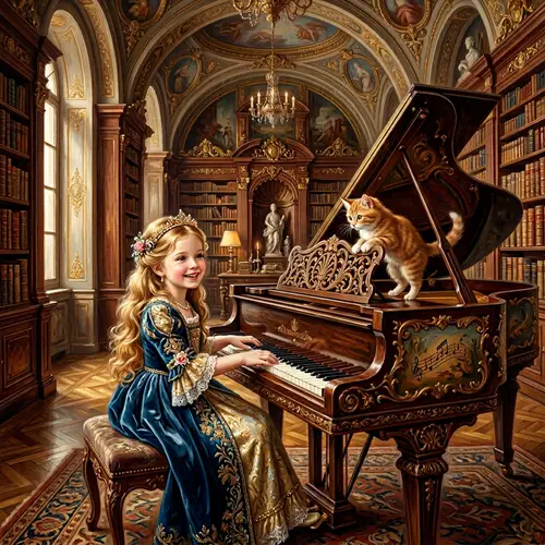 Seven-Year-Old Princess Playing Grand Piano in Baroque Fantasy Setting