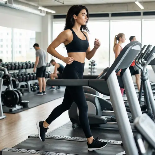 Feminine Model on Treadmill in Sports Bra & Leggings