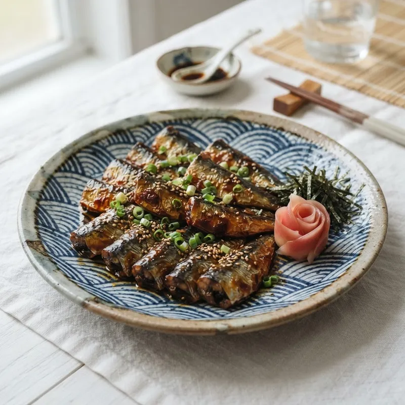Savor Grilled Sardines on Japanese Wave Print Plate Savor Grilled Sardines on Japanese Wave Print Plate
