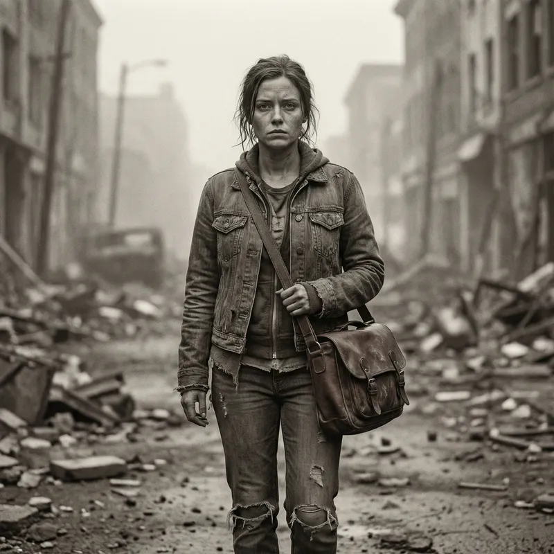 Determined Female Investigator in Post-Apocalyptic Urban Dystopia
