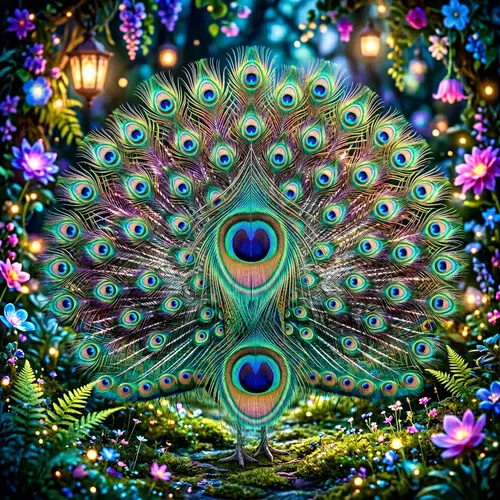 Majestic Peacock in Enchanted Garden | Vibrant Feathers Close-Up