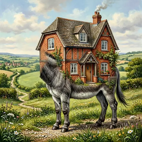 Surreal Juxtaposition: Donkey and Country House Fusion