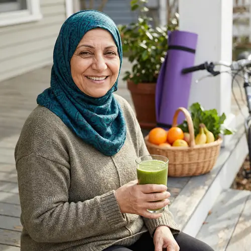 Cute Mature Woman in Hijab with Green Shake