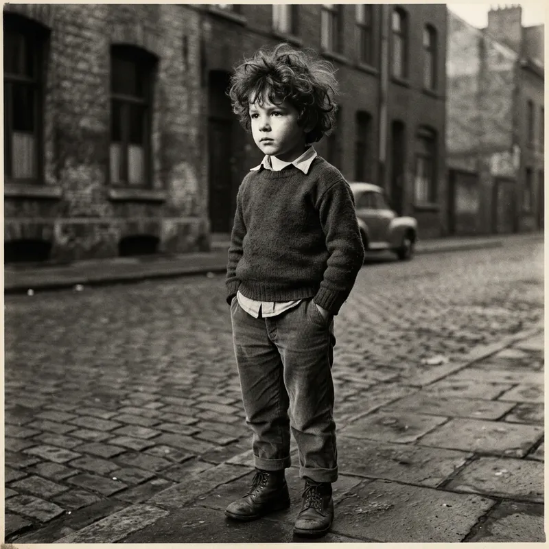 Captivating Vintage-Style Photo of Young Boy with Wild Curly Hair