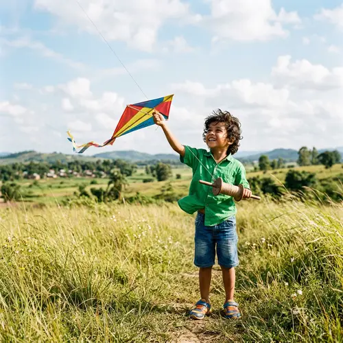 Innocent Joy: Young South Asian Boy Flying Kite in Open Field