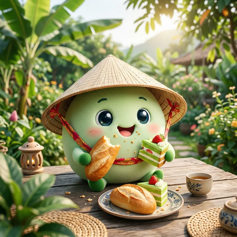 Unique & Adorable Green Ball Character Eating Bread & Cake