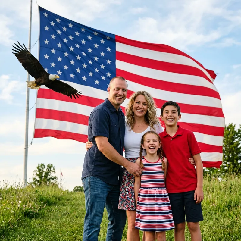 Family Joy Against American Flag and Bald Eagle