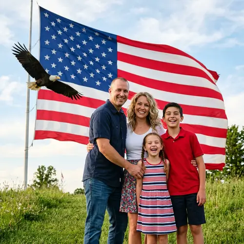 Family Joy Against American Flag and Bald Eagle