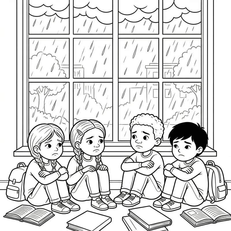 Sad Students Looking at Rain Coloring Page