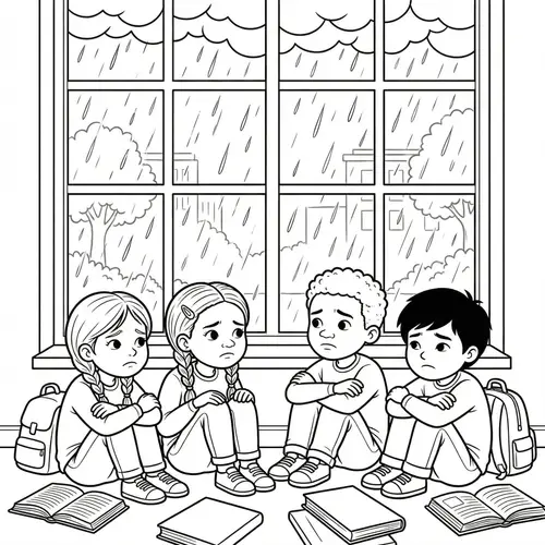 Sad Students Rain Coloring Page