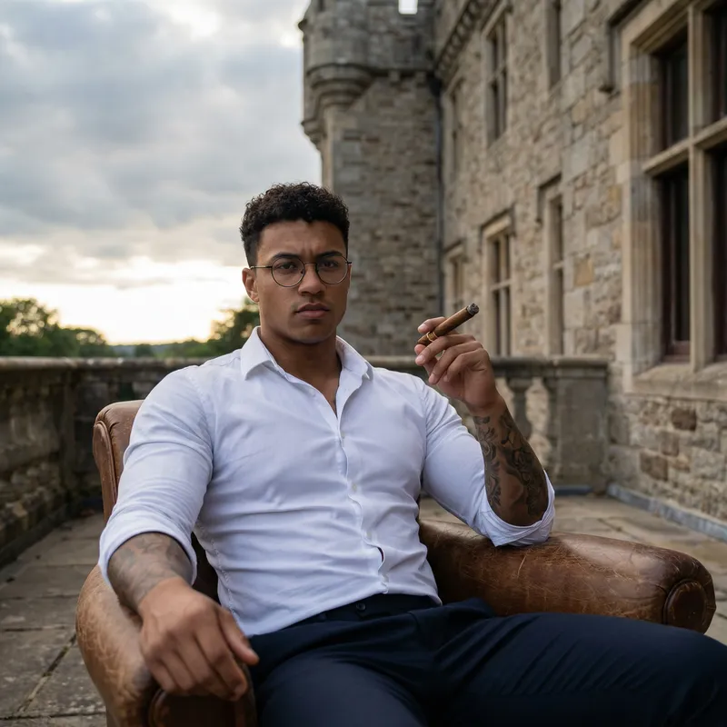 Muscular Man with Curly Black Hair and Piercing Gaze Smoking in Mansion