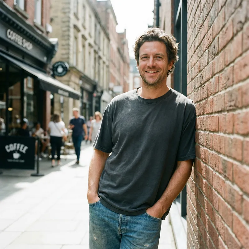 Charismatic Smiling Man in Casual Urban Pose