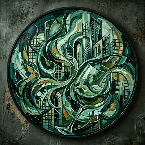 Mesmerizing Circular Abstract Art with Architectural Elements in Dark Green