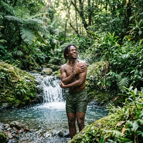 Refreshment and Vitality in Nature: Black Man Showering in Stream