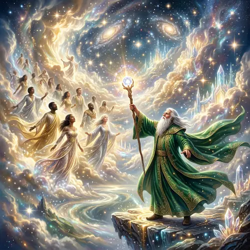 Celestial Wizard Summoning Heavenly Beings with Divine Spell